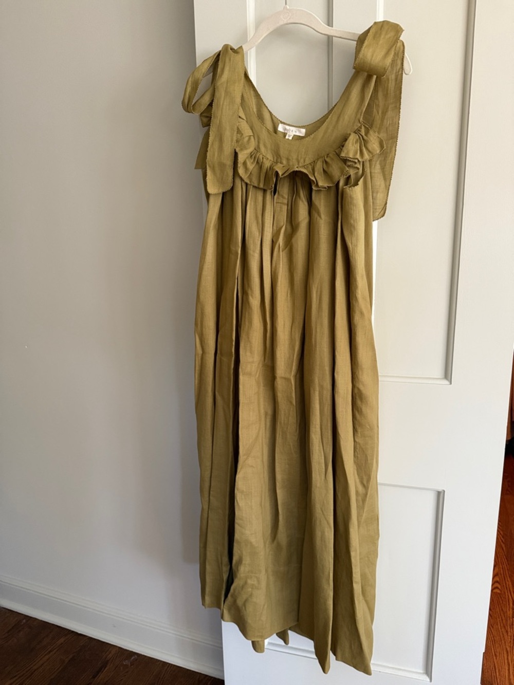 Doen Sleeveless Ruffle Tie-Shoulder Maxi Dress in Olive S